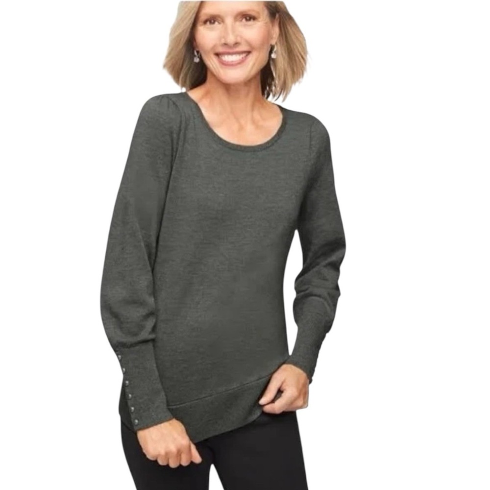 Talbots Petite Grey 100%‎ Merino Wool Button Cuff Sweater S
